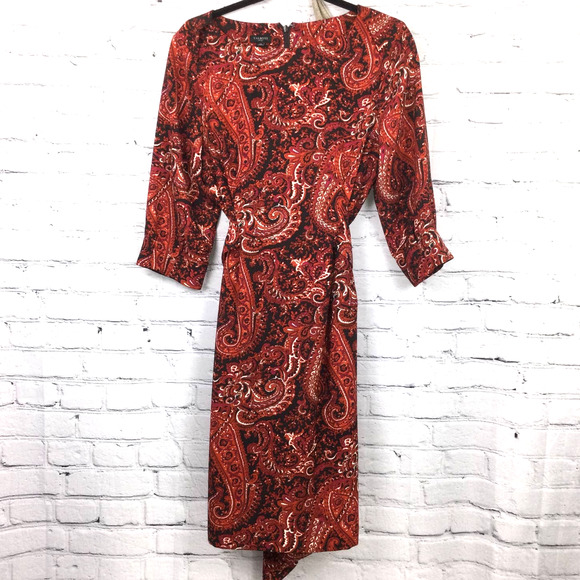 Talbots Petite Boat Neck Elbow Sleeve Burnt Orange Paisley Tie Midi Dress 12P - Picture 15 of 15